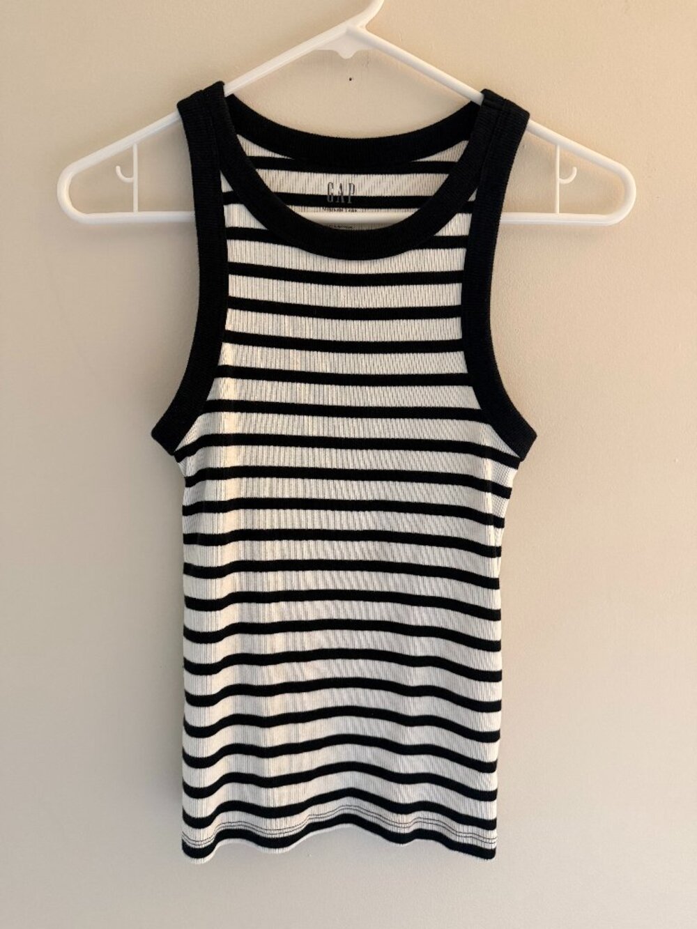 GAP Modern Tank XS Black White Striped Ribbed High Neck Racerback Top